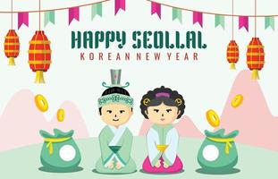 diseño de banner de vector de sensación de dibujos animados con celebración del día seollal para corea