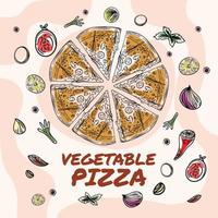 boceto de línea abstracta ilustración dibujada a mano, menú de pizza vegetal vector