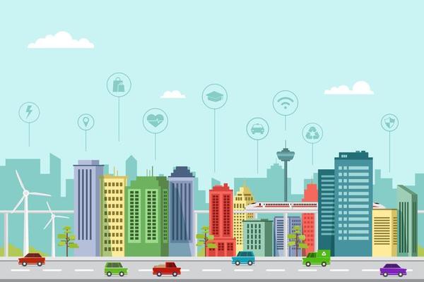 Flat design of smart city buildings in a modern future with graphic info elements