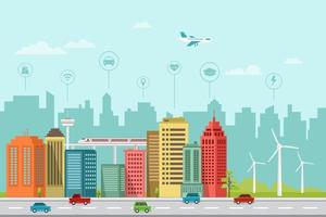 modern smart city flat design with wind energy and info graphics vector