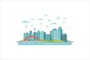 illustration of a smart city with a bridge and a smart transportation flat design vector