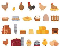 conjunto de iconos de granja de aves de corral de pollo vector de dibujos animados. producción de piensos