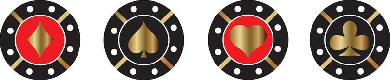 Set of gold and black poker chips, token with suits on white. Diamonds, clubs, hearts, spades. Vector illustration for casino, game design, flyer, poster, banner, web, advertising