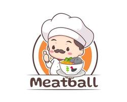 Chef with a bowl of bakso or meatball logo template. Cute cartoon character. Indonesian traditional food. Food concept design. Isolated white background. Vector art illustration