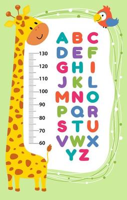 Meter wall or height chart with cute giraffe alphabet. Vector illustration. Children's poster. Decor for a children's playroom.