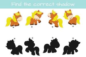 encontrar la sombra correcta. juego de lógica educativa para niños. lindo caballo divertido. ilustración vectorial aislado sobre fondo blanco. vector
