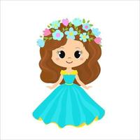 Vector illustration of cute Princess with wreath of flowers on white background.