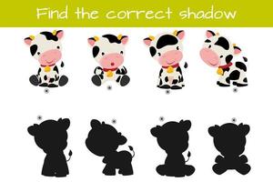 Find correct shadow. Kids educational logic game. Cute funny bull. Vector illustration isolated on white background.