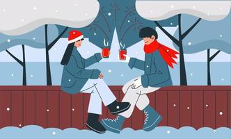 A couple of guy and girl drinking drinks while sitting on a bench under the trees in the winter. Man and woman celebrating outside vector