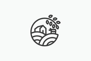 line art farming logo with a combination of barn, field, branch and cow vector