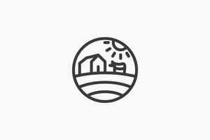 line art farming logo with a combination of barn, fields, cow and sun. vector