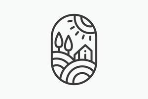 line art farming logo with a combination of barn, fields, trees and sun. vector