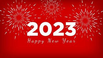 happy new year 2023. white text with fireworks isolated on red background. vector illustration