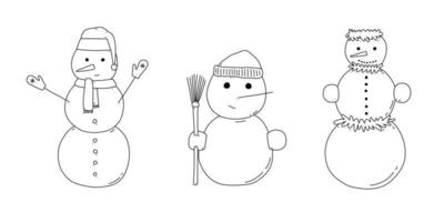 Various snowmen doodle vector illustration. Winter holidays character. Christmas symbol. Snowman line drawing with different accessories collection. Design element for cards, sticker, coloring pages