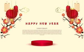 white chinese new year with empty podium with flower ornaments vector