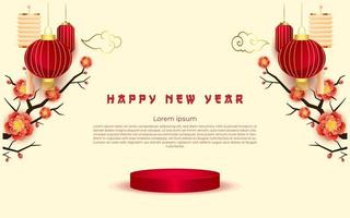 white chinese new year with empty podium with flower ornaments vector