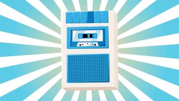 Retro audio music cassette recorder for voice recording old vintage with audio cassette hipster for geeks from 70s, 80s, 90s on blue rays background. Video in high quality 4k, motion design