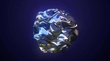 bola de rayas metálicas azules esfera líquido fundido iridiscente brillante hermosa brillando sobre un fondo azul oscuro. fondo abstracto. video en alta calidad 4k, diseño de movimiento