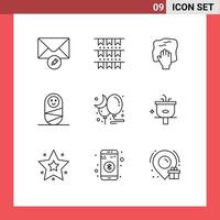 Group of 9 Outlines Signs and Symbols for party moon hand balloon child Editable Vector Design Elements