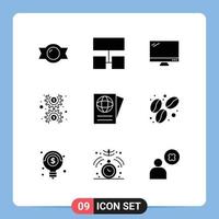 User Interface Pack of 9 Basic Solid Glyphs of travel document device cog gear Editable Vector Design Elements