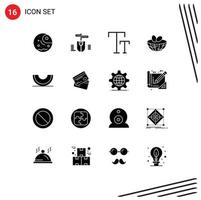 Set of 16 Commercial Solid Glyphs pack for melon food caps berry egg Editable Vector Design Elements