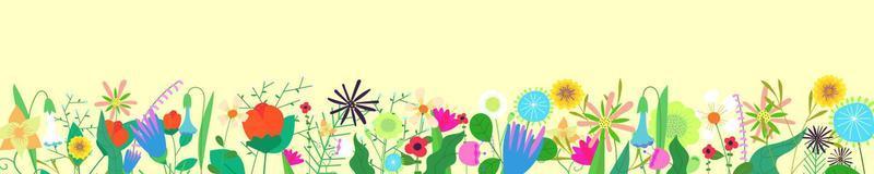 banner horizontal floral sobre fondo amarillo. borde de flores silvestres de primavera. decoración de plantas a base de hierbas. delicadas flores silvestres de campo y pradera de verano. flores abstractas botánicas en la parte inferior del marco vector