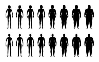 BMI classification chart measurement man and woman black icon set. Male and female Body Mass Index symbol collection from underweight to overweight. Person weight different levels. Vector eps symbols