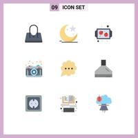 Modern Set of 9 Flat Colors Pictograph of chat picture baking lense camera Editable Vector Design Elements