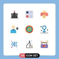 Mobile Interface Flat Color Set of 9 Pictograms of engine settings printer gear lock Editable Vector Design Elements