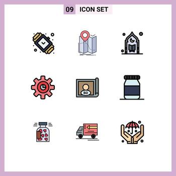 conjunto de pictogramas de 9 colores planos de línea rellena simple de elementos de diseño vectorial editables de la mezquita de la luna de navegación del gráfico de engranajes vector