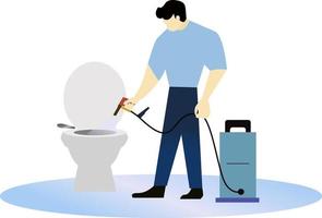 hombre limpiando wc ilustración vectorial, concepto de servicio de limpieza de inodoros, conserje rociando wc usando una máquina de pulverización de pistola de agua, conserje limpiando el baño vector