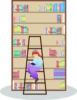 girl sitting to reading a book, library ladder, student college studying vector illustration