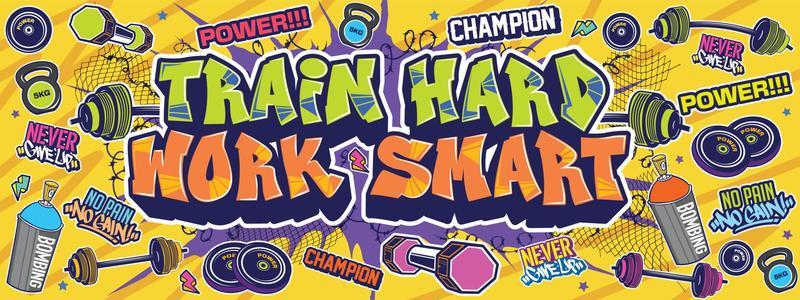 Graffiti illustration wall art. Colorful design for gym, motivation, fitness, good vibes urban street art theme. ghetto street. graffiti background