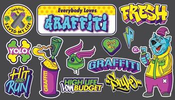 A set of colorful or vibrant graffiti art stickers. Street art theme, urban style for T-shirt design, graffiti design for wallpaper, wall art or print art designs. vector