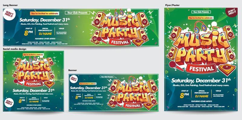 A set of social media designs, posters, flyers, banners, and invitation templates in Graffiti Style. Colorful Music Party , New Year Party, Dance Party Design