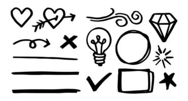 Vector set of Doodle elements, underline, circle, frame, love, star, wind, diamond, lamp and others, for concept design.