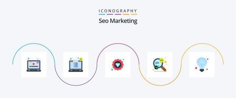 seo marketing flat 5 icon pack que incluye creatividad. habla. boleto. éxito. búsqueda vector