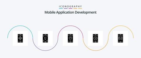 Mobile Application Development Glyph 5 Icon Pack Including heart. mobile application. application. mobile. map vector