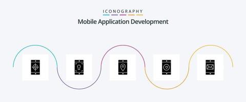 Mobile Application Development Glyph 5 Icon Pack Including heart. mobile application. application. mobile. map vector