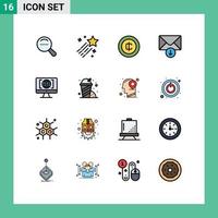 Group of 16 Flat Color Filled Lines Signs and Symbols for big think internet coin computer message Editable Creative Vector Design Elements