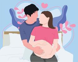 Happy couple waiting for baby. Beautiful pregnant woman and her handsome husband are smiling while spending time together in bed. vector