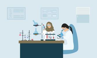 Scientists work in laboratory. New medicine development. Researcher with microscope. Flat vector illustration