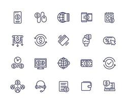 Payments, online banking and money transfers line icons set vector