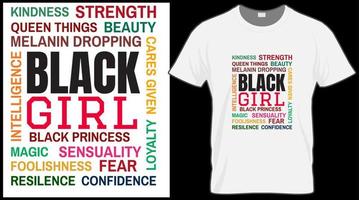 Black girl word art t shirt. Black History Month vector illustration graphic. Green, red, yellow background with text. Celebrate American and African People culture.