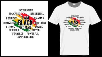 I am black t shirt. Black History Month vector illustration graphic. Green, red, yellow background with text. Celebrate American and African People culture.