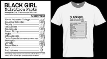 Black girl nutrition facts t shirt. Black History Month vector illustration graphic. Green, red, yellow background with text. Celebrate American and African People culture.