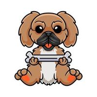 Cute little pekingese dog cartoon holding a bone vector