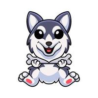 linda caricatura de perro husky siberiano sosteniendo un hueso vector