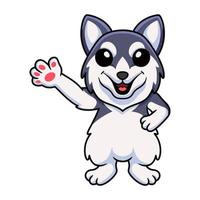 Cute dibujos animados de perro husky siberiano agitando la mano vector