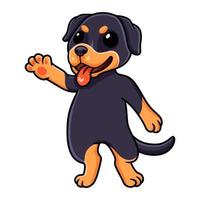 lindo pequeño perro rottweiler dibujos animados agitando la mano vector